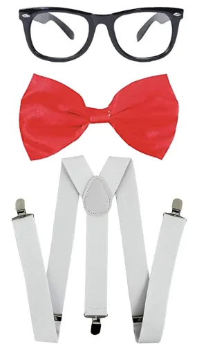 Geek Nerd Costume Red Bow Tie White Braces Geek Glasses Retro Style Hen Stag Night Cosplay Party Set