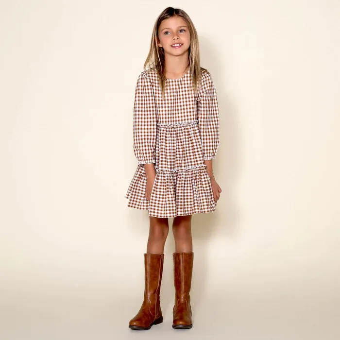 Gingham Tiered L/S Dress