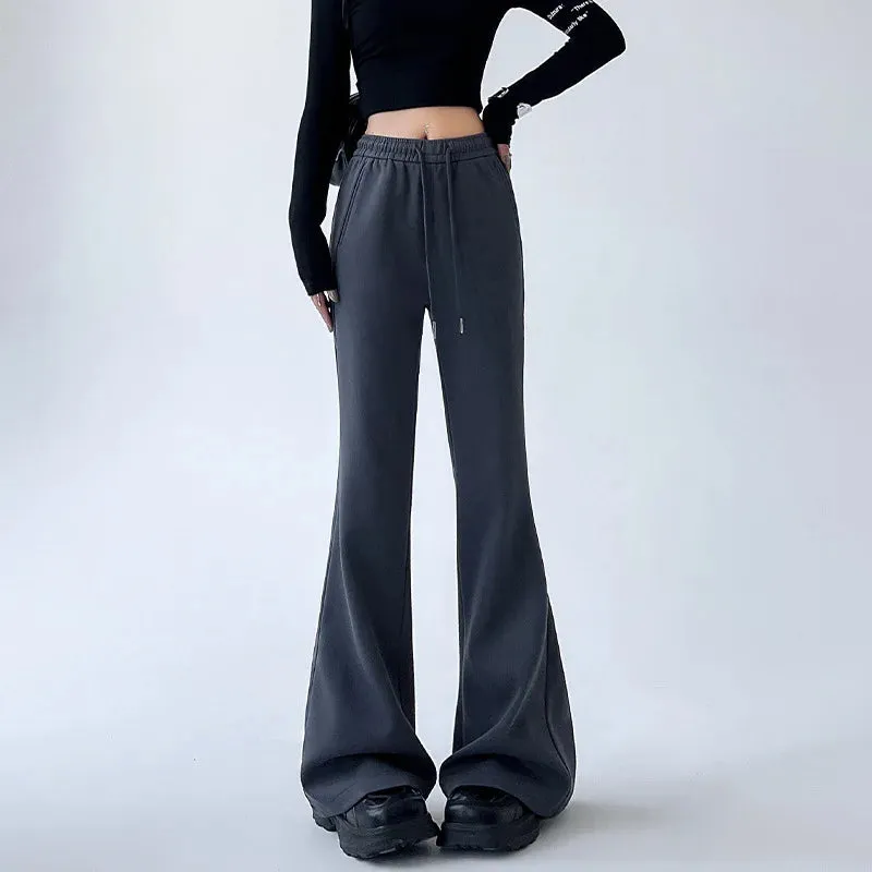 Girlary American Retro Chinese Cotton Flared Pants Women's Spring and Summer High Waist Elastic Slim Fit Sports Casual Wide Leg Pants