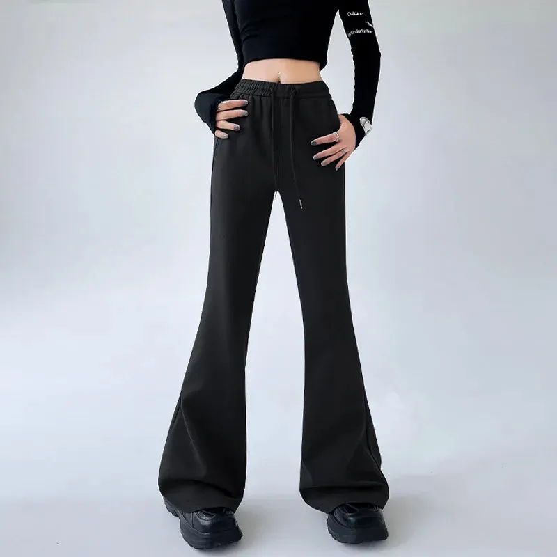 Girlary American Retro Chinese Cotton Flared Pants Women's Spring and Summer High Waist Elastic Slim Fit Sports Casual Wide Leg Pants