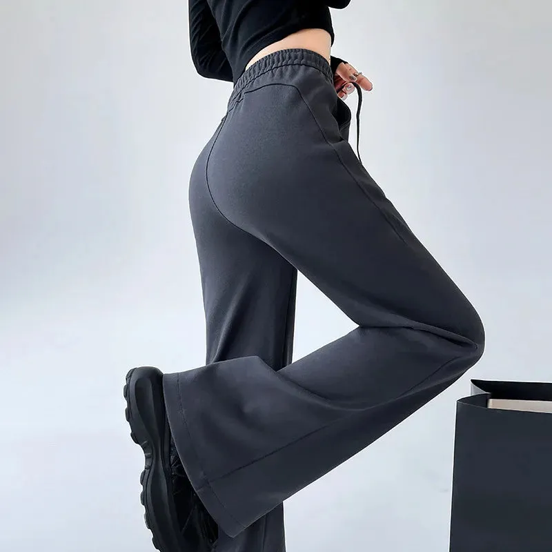 Girlary American Retro Chinese Cotton Flared Pants Women's Spring and Summer High Waist Elastic Slim Fit Sports Casual Wide Leg Pants