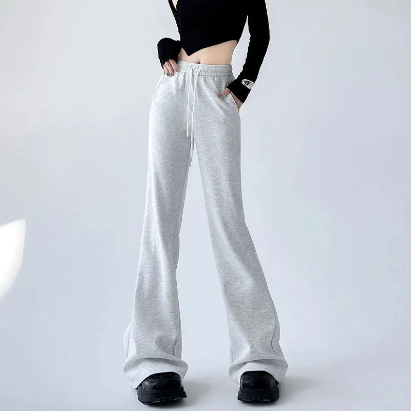 Girlary American Retro Chinese Cotton Flared Pants Women's Spring and Summer High Waist Elastic Slim Fit Sports Casual Wide Leg Pants