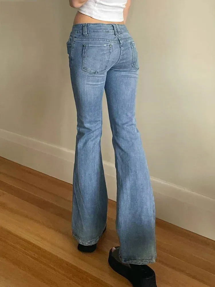 Girlary Women Flared Jeans Mid Waist Denim Pant Vintage Stretch 90s Streetwear Y2k Boot Cut Pant Elastic Skinny Mom Jeans Trousers