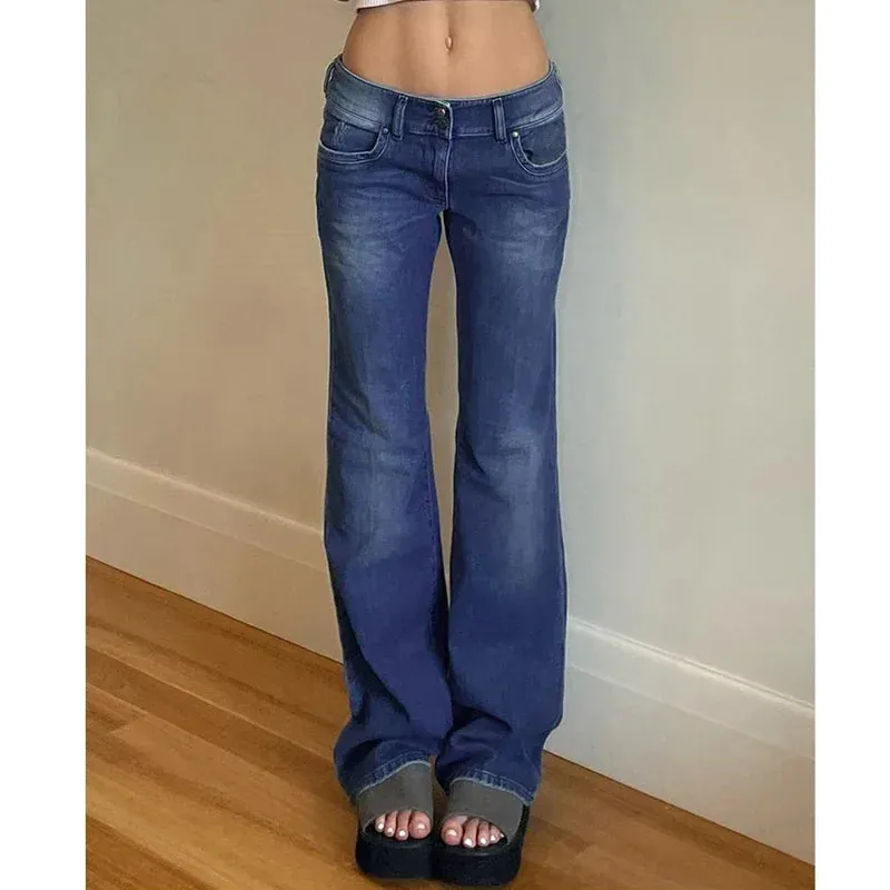 Girlary Women Flared Jeans Mid Waist Denim Pant Vintage Stretch 90s Streetwear Y2k Boot Cut Pant Elastic Skinny Mom Jeans Trousers