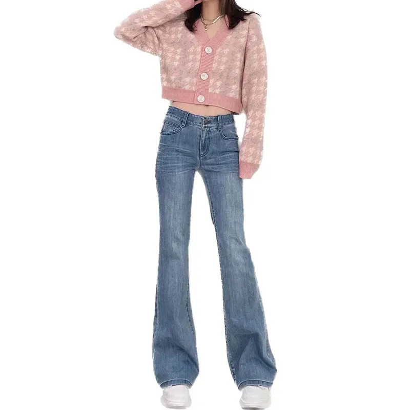 Girlary Women Flared Jeans Mid Waist Denim Pant Vintage Stretch 90s Streetwear Y2k Boot Cut Pant Elastic Skinny Mom Jeans Trousers