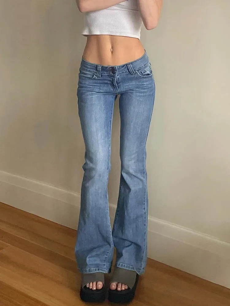 Girlary Women Flared Jeans Mid Waist Denim Pant Vintage Stretch 90s Streetwear Y2k Boot Cut Pant Elastic Skinny Mom Jeans Trousers