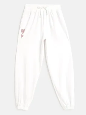 Girls White Velour Studded Heart Detail Joggers