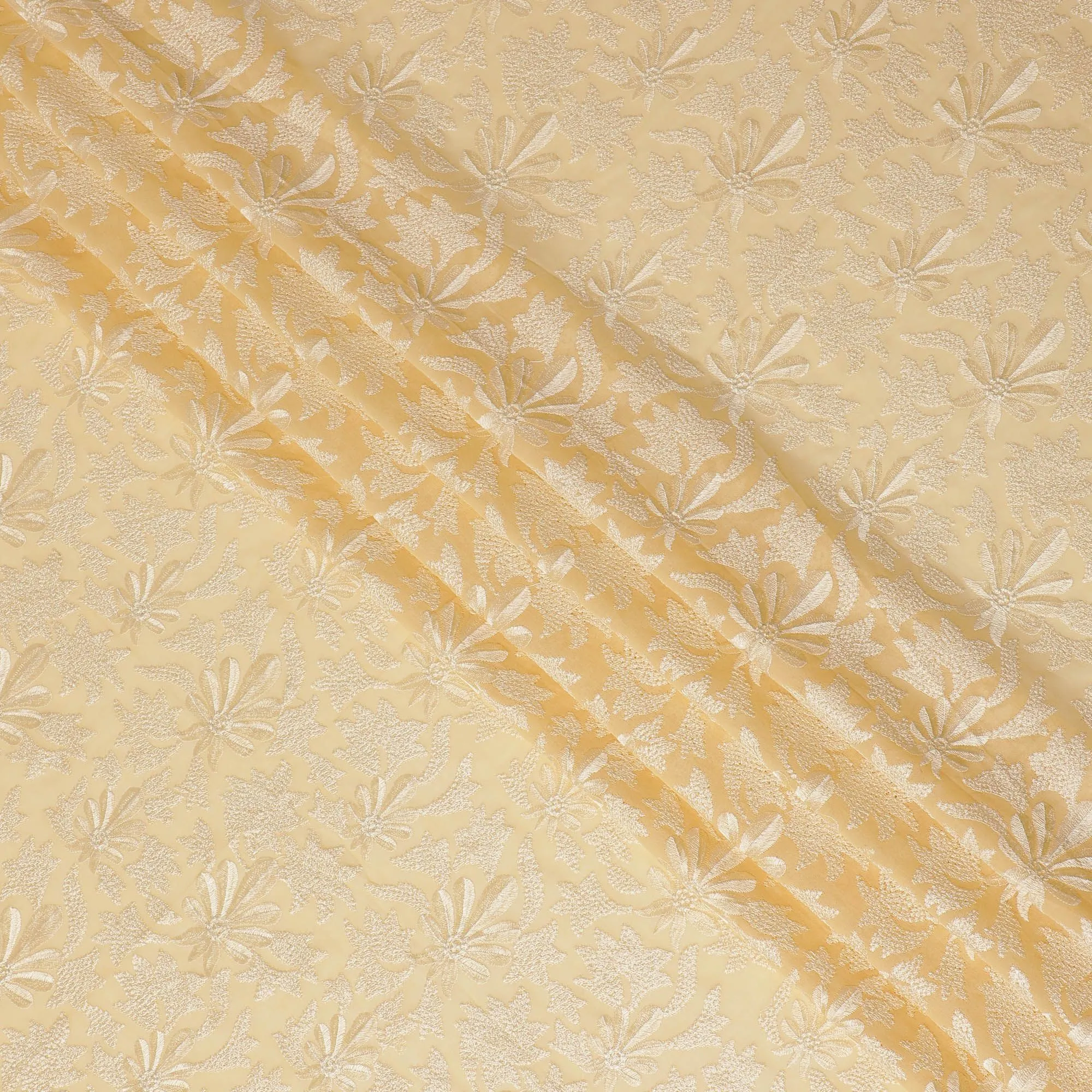 Golden Elegance Cotton Voile Fabric - Exquisite Embroidery, 110 cm Width - Purchase Online for Creative Projects-D18122