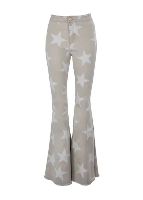 Gray Denim Star Print Bell Bottom Jeans