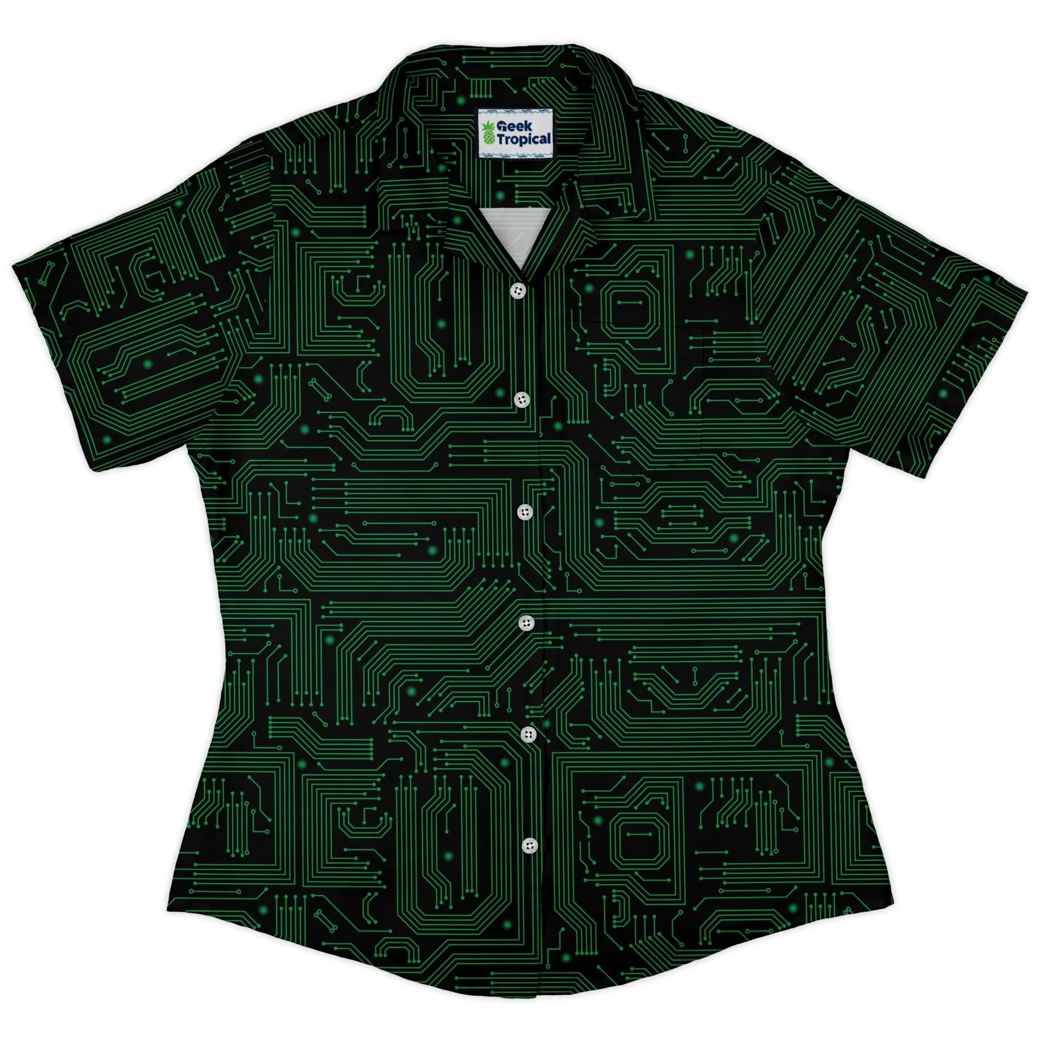 Green Computer Circuits Curvy Button Up Shirt