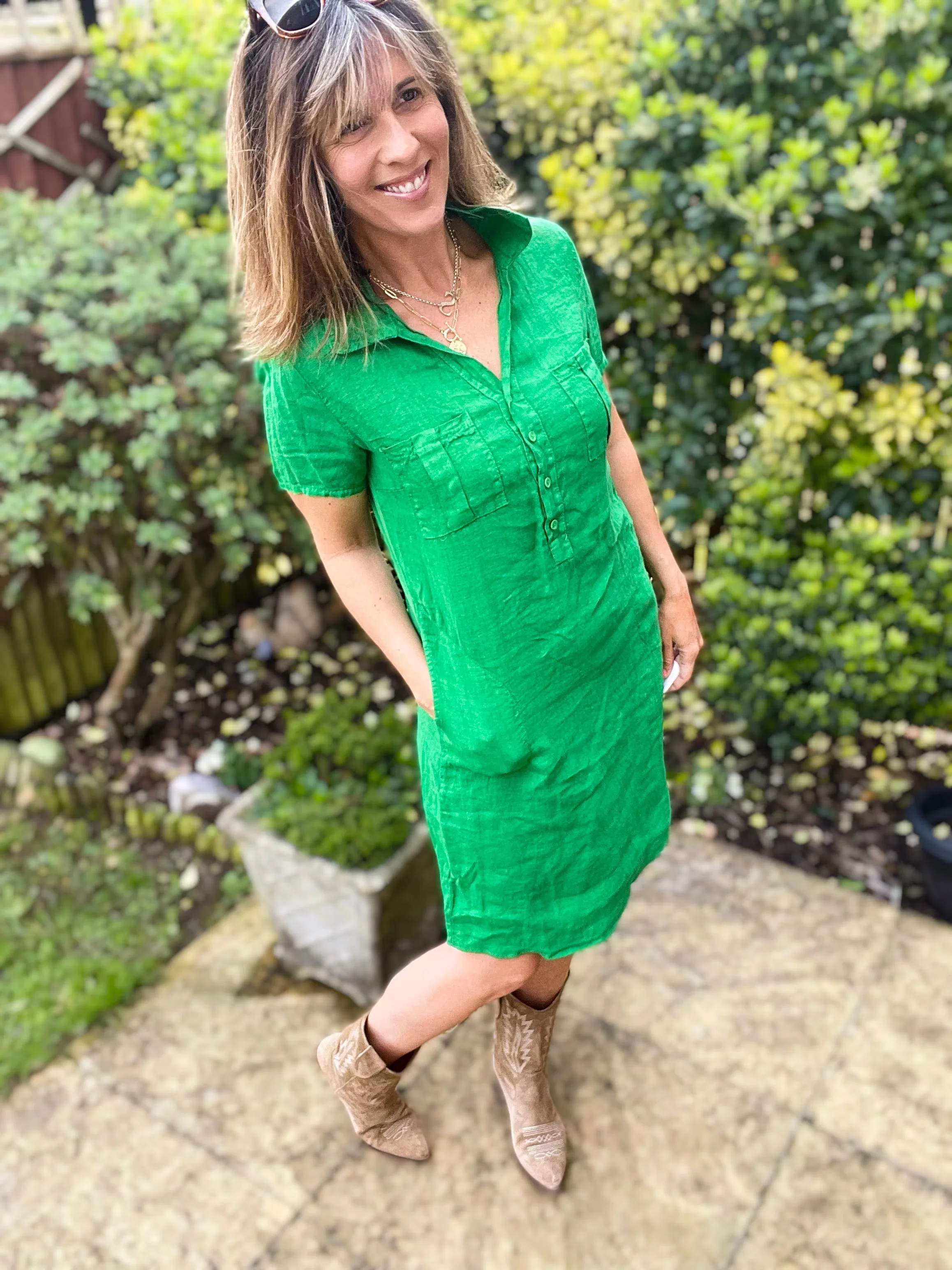 Green Linen Shirt Dress