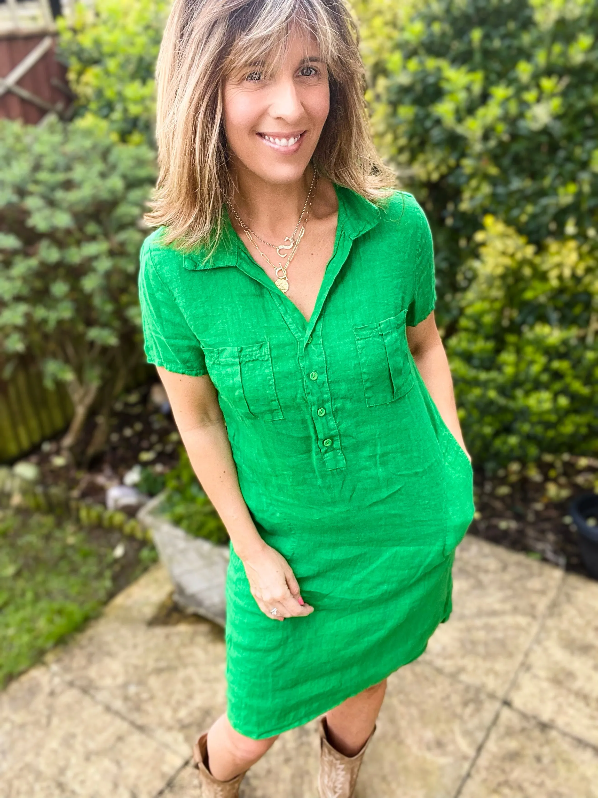 Green Linen Shirt Dress