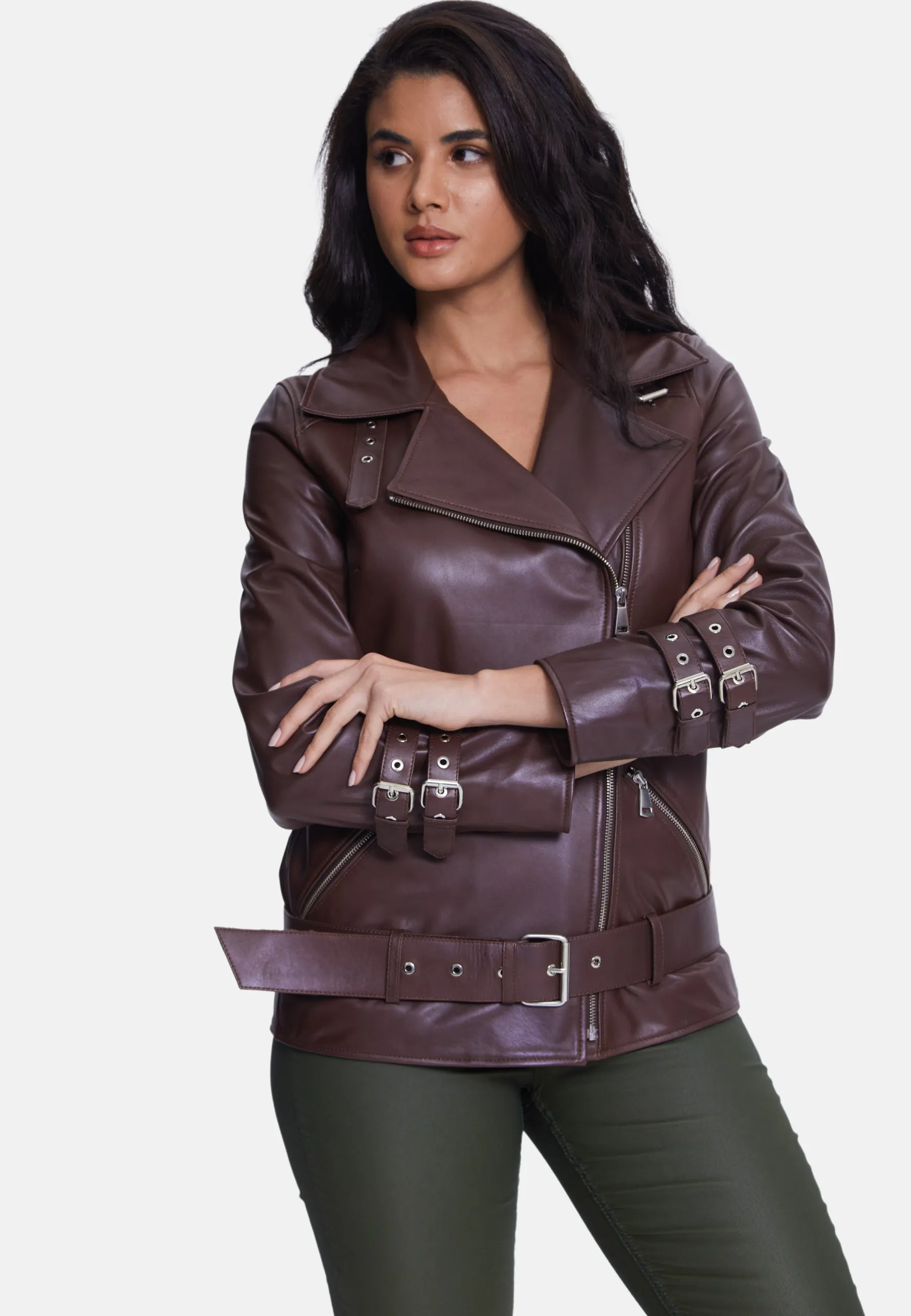 Harriet Leather Belted Biker Jacket,Nappa Brown