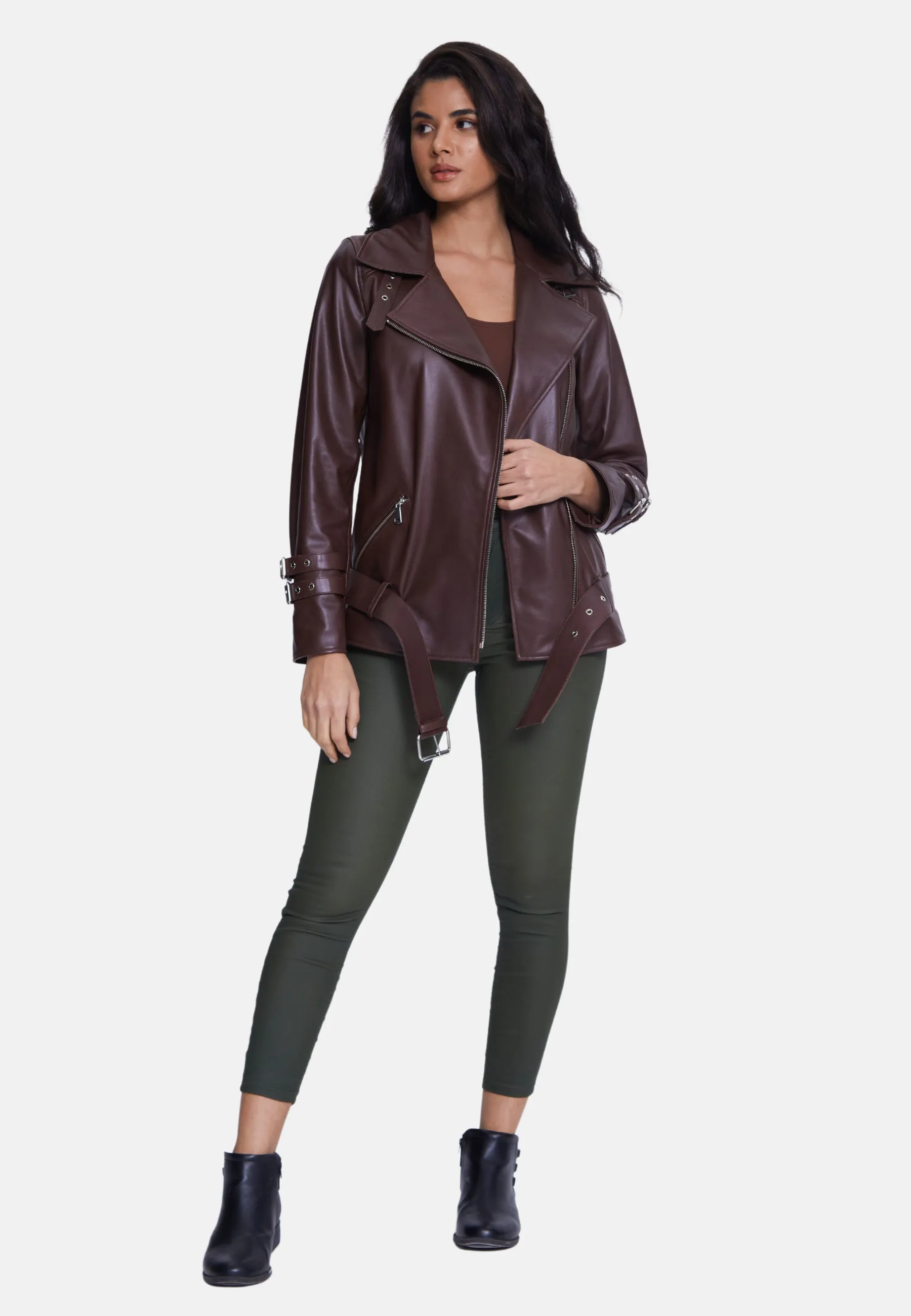 Harriet Leather Belted Biker Jacket,Nappa Brown