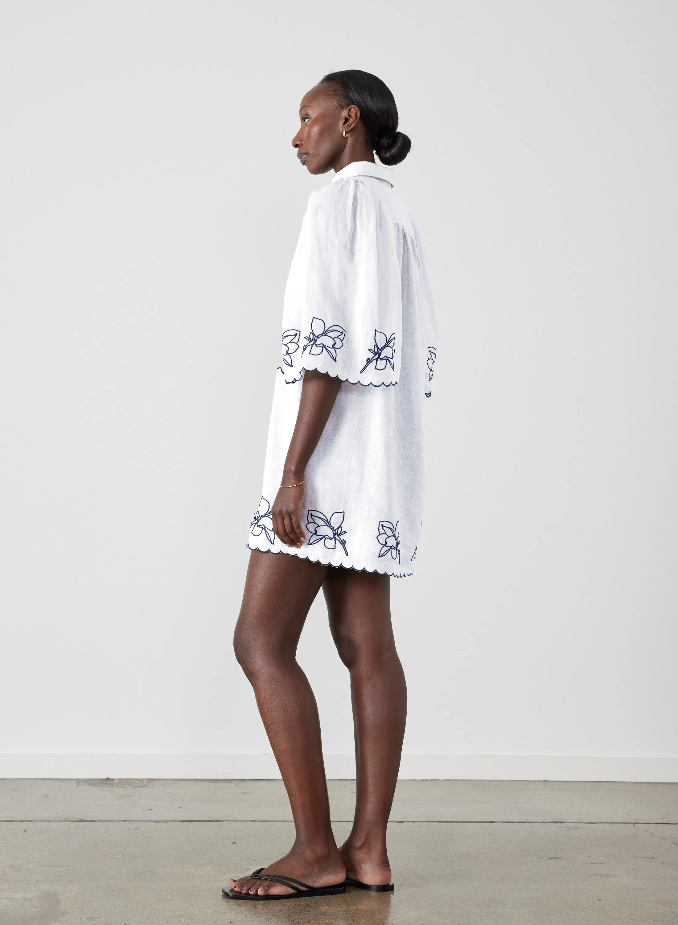 Hattie Linen Ramie Embroidery Mini Smock Shirt Dress | Optical White Navy