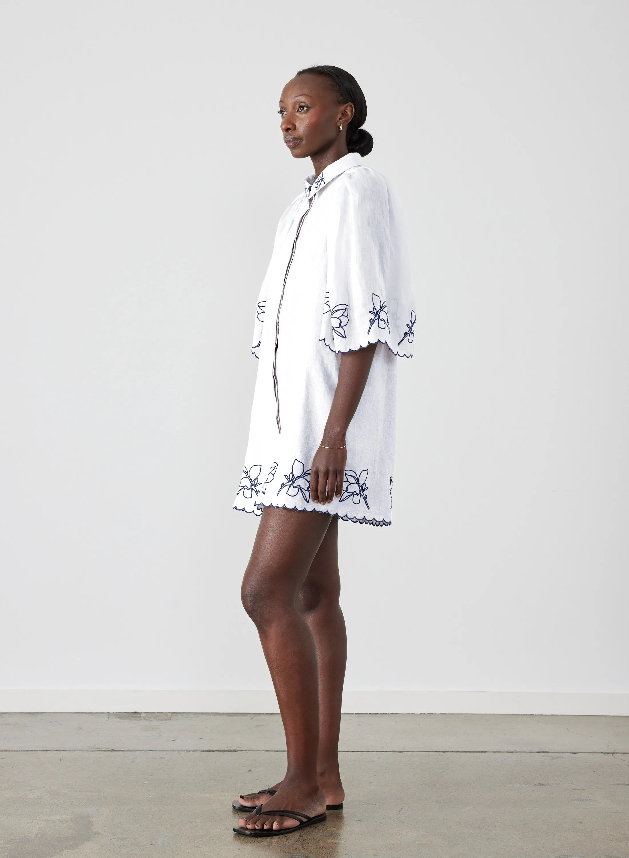 Hattie Linen Ramie Embroidery Mini Smock Shirt Dress | Optical White Navy