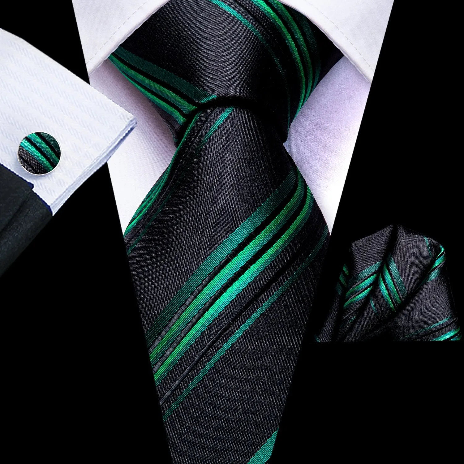 Hi-Tie Black Green Striped Silk 63 Inch Men's Tie Hanky Cufflinks Set