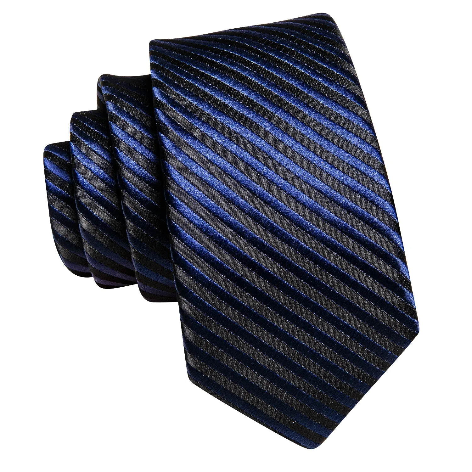 Hi-Tie Black Necktie Blue Striped Silk Tie Pocket Square Cufflinks Set