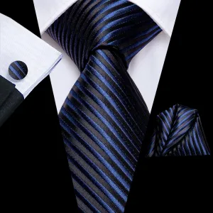 Hi-Tie Black Necktie Blue Striped Silk Tie Pocket Square Cufflinks Set