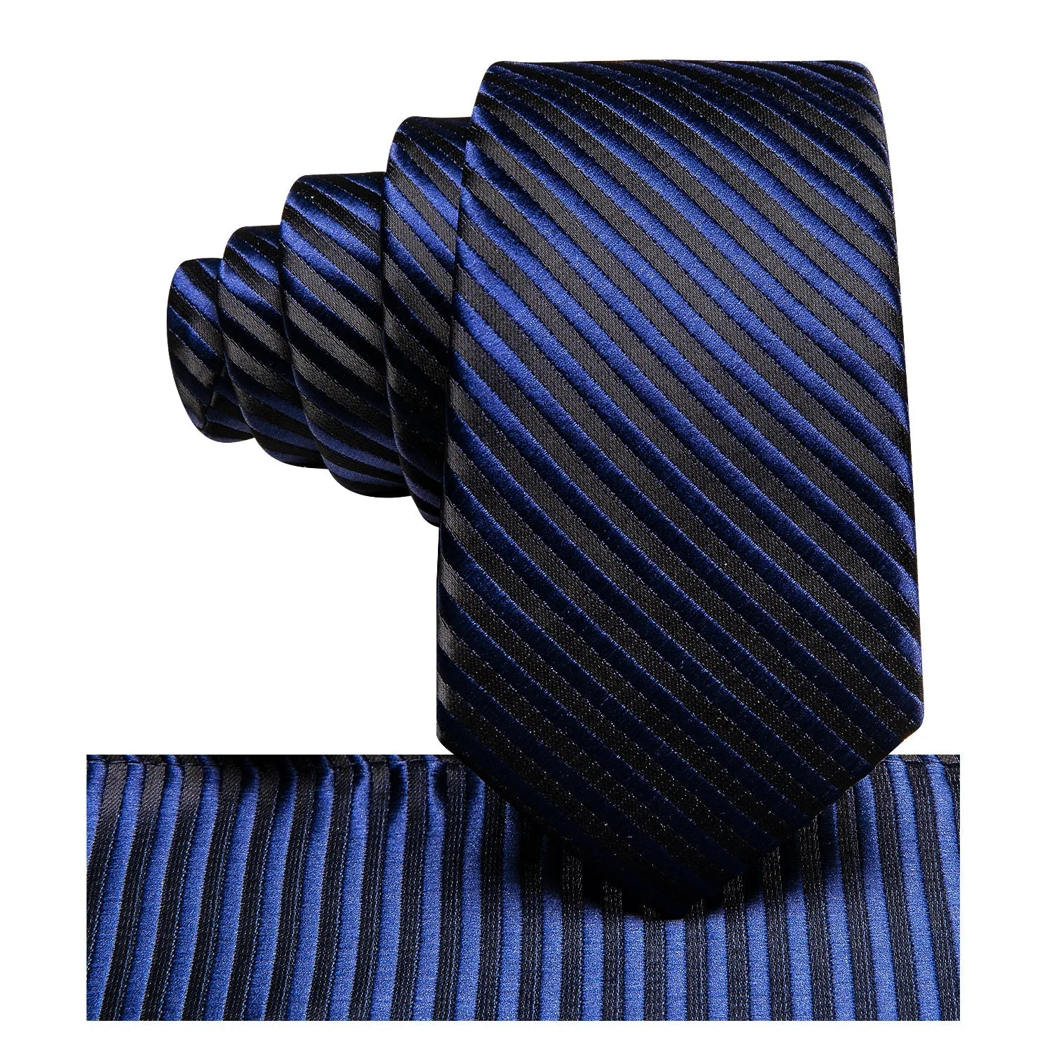 Hi-Tie Black Necktie Blue Striped Silk Tie Pocket Square Cufflinks Set