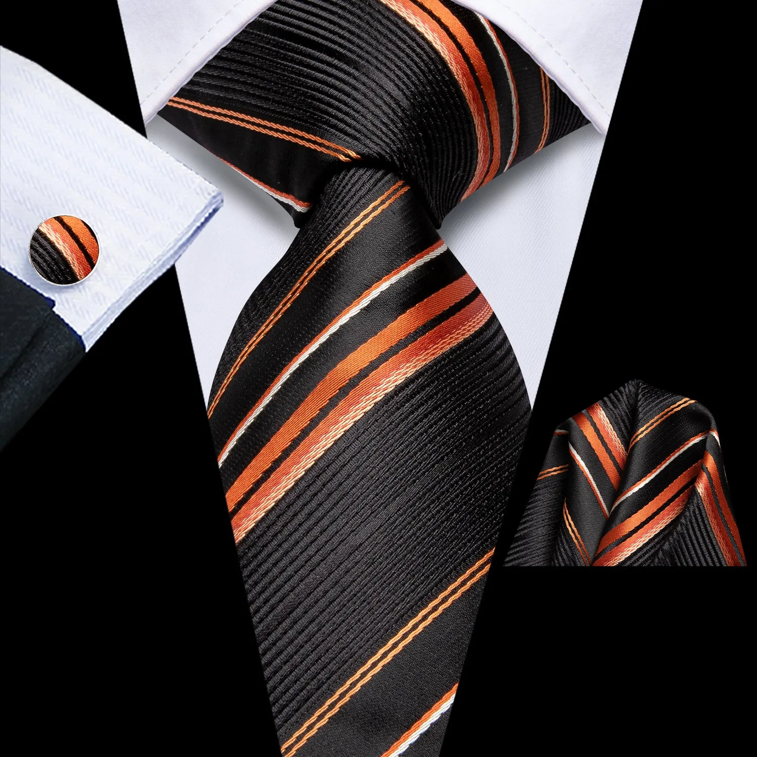 Hi-Tie Black Orange Striped Wedding Tie Pocket Square Cufflinks Set