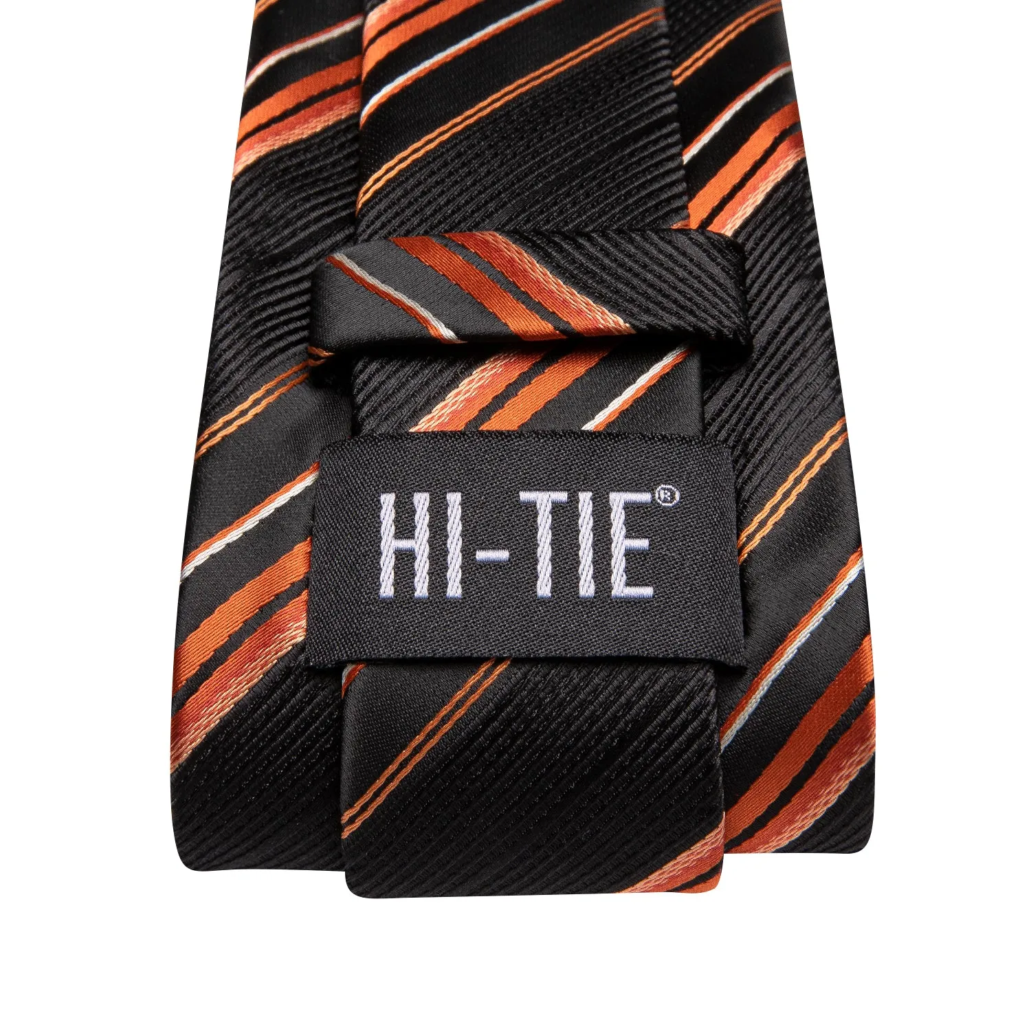 Hi-Tie Black Orange Striped Wedding Tie Pocket Square Cufflinks Set