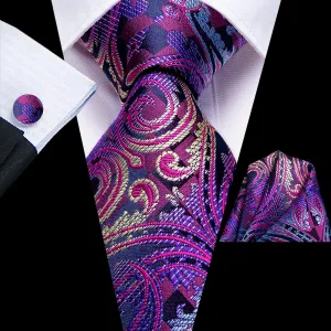 Hi-Tie Blue Purple Paisley Silk Men's Tie Pocket Square Cufflinks Set