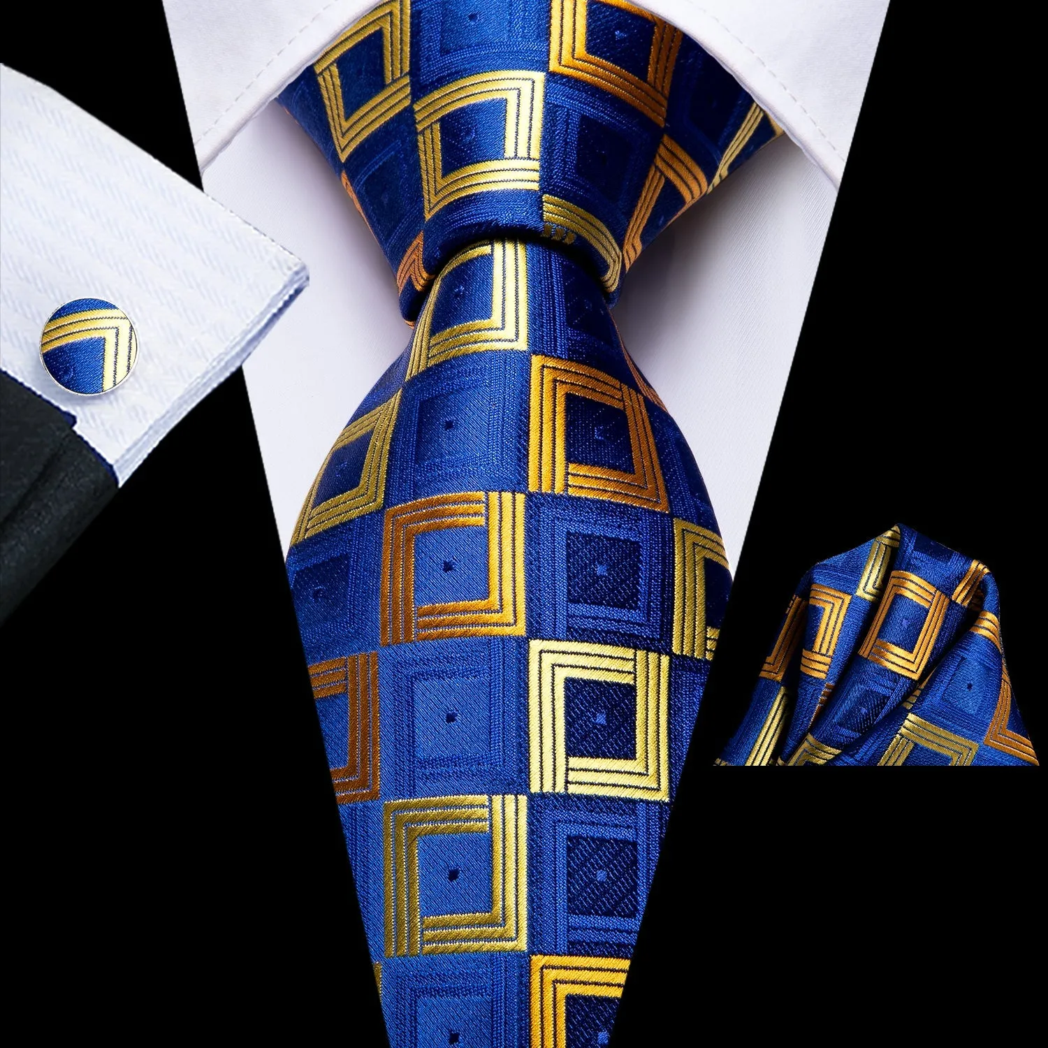 Hi-Tie Blue Tie Gold Plaid Wedding Necktie Pocket Square Cufflinks Set