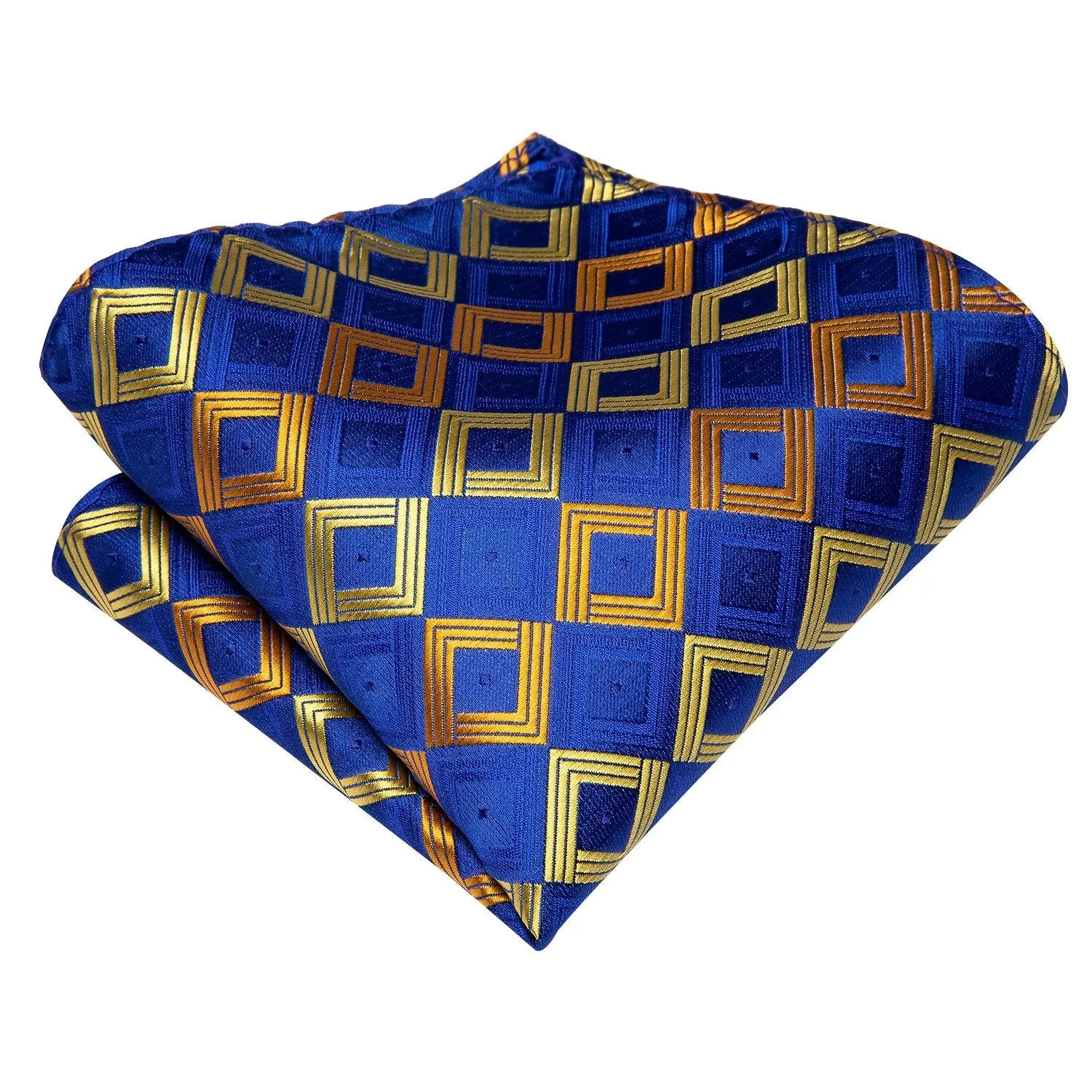 Hi-Tie Blue Tie Gold Plaid Wedding Necktie Pocket Square Cufflinks Set