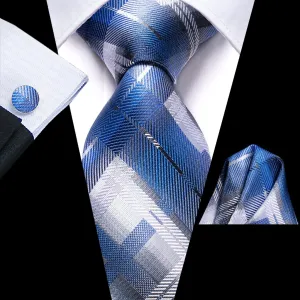 Hi-Tie Blue White Grey Stripes Geometric Necktie Hanky Cufflinks Set