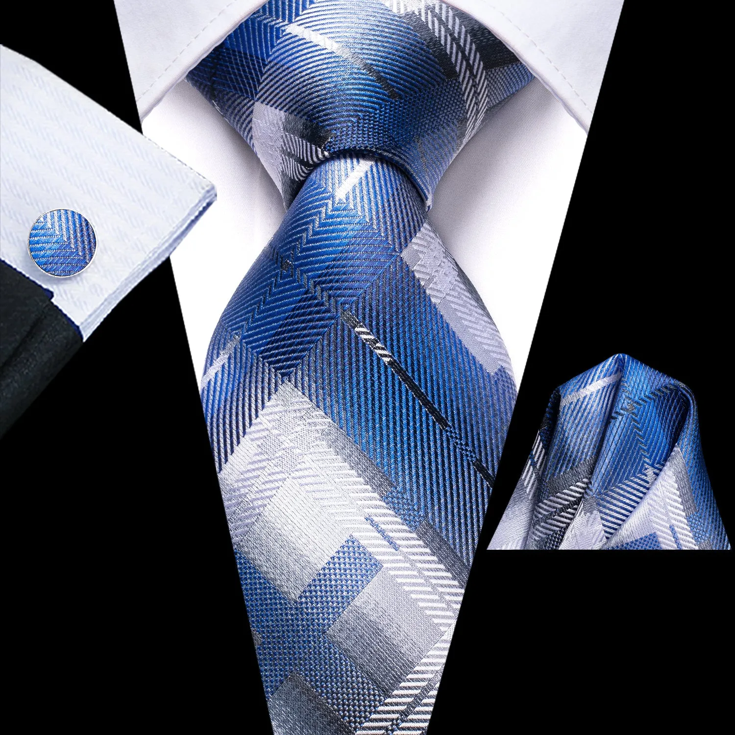 Hi-Tie Blue White Grey Stripes Geometric Necktie Hanky Cufflinks Set