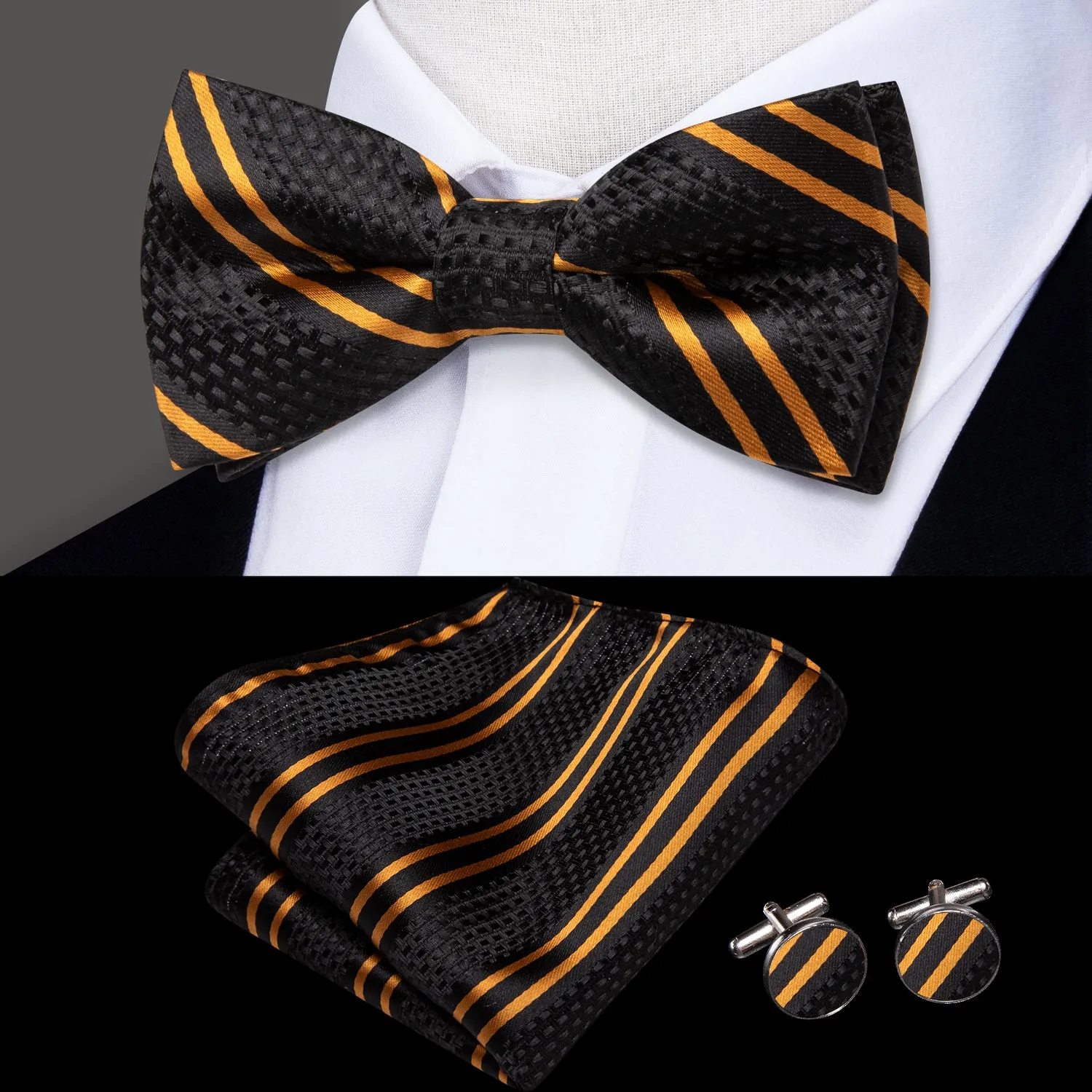 Hi-Tie Boys Tie Black Yellow Striped Kids Bow Tie Hanky Cufflinks Set