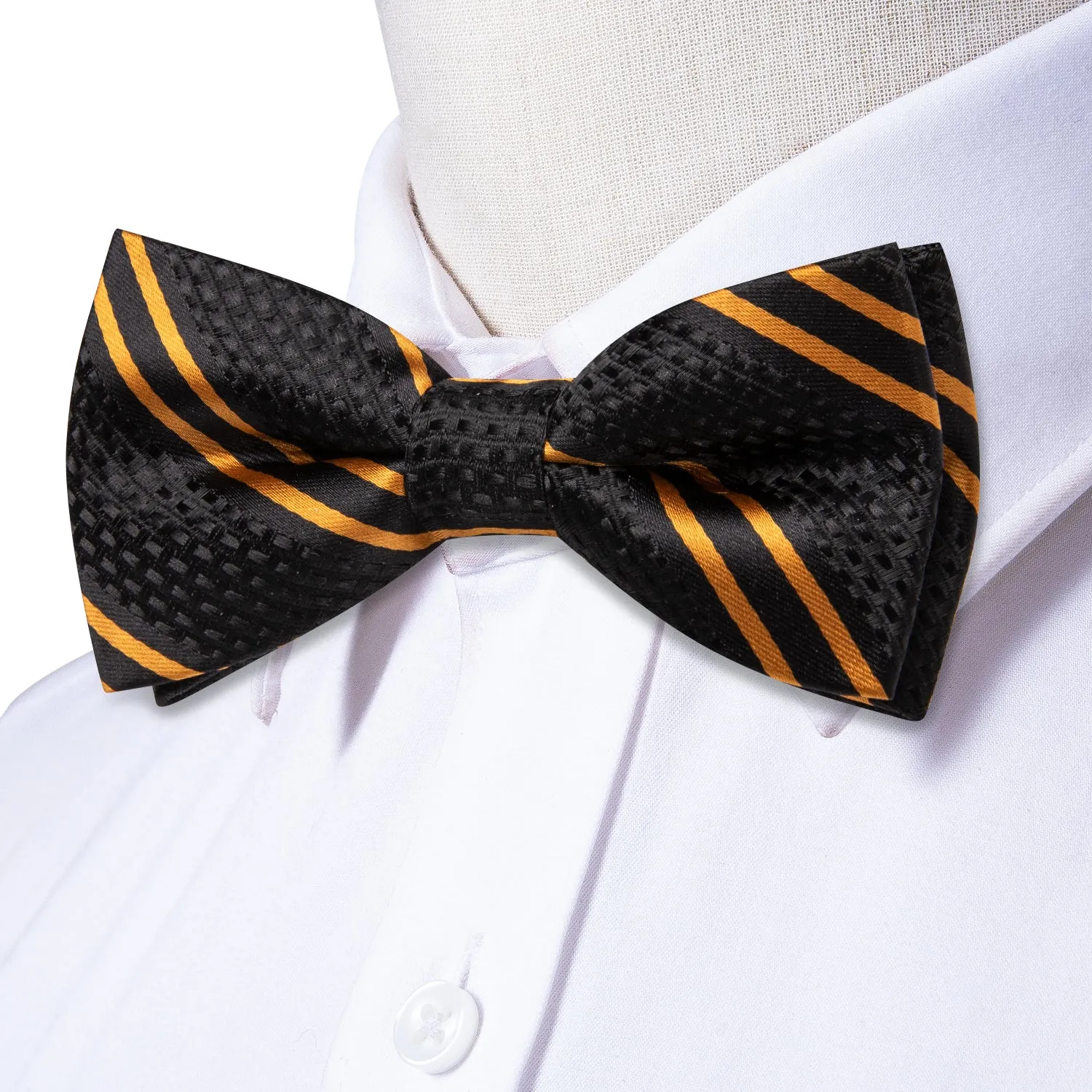 Hi-Tie Boys Tie Black Yellow Striped Kids Bow Tie Hanky Cufflinks Set