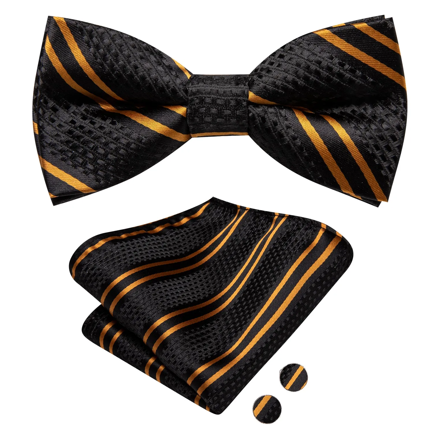 Hi-Tie Boys Tie Black Yellow Striped Kids Bow Tie Hanky Cufflinks Set