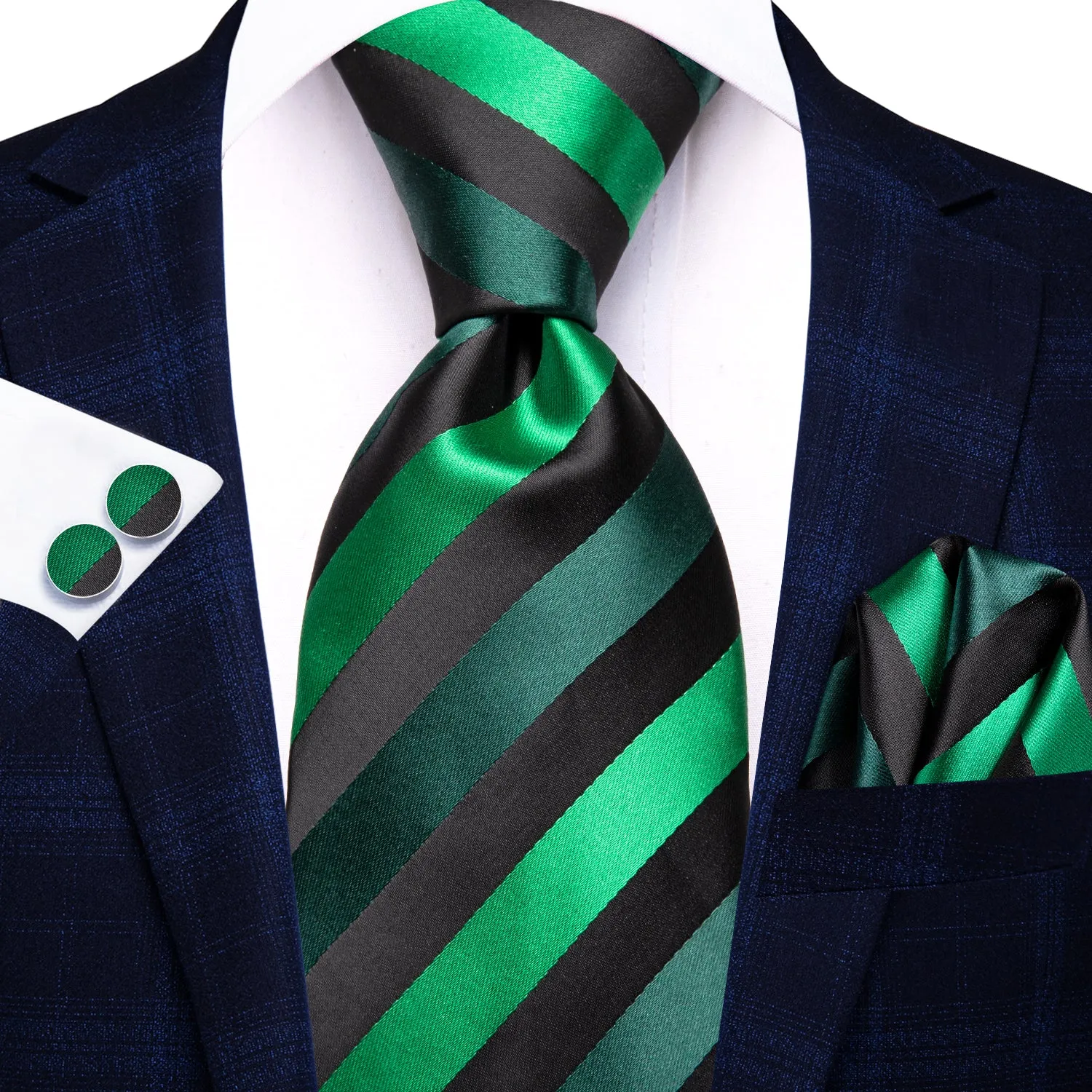 Hi-Tie Bright Green Striped Men's Tie Pocket Square Cufflinks Set