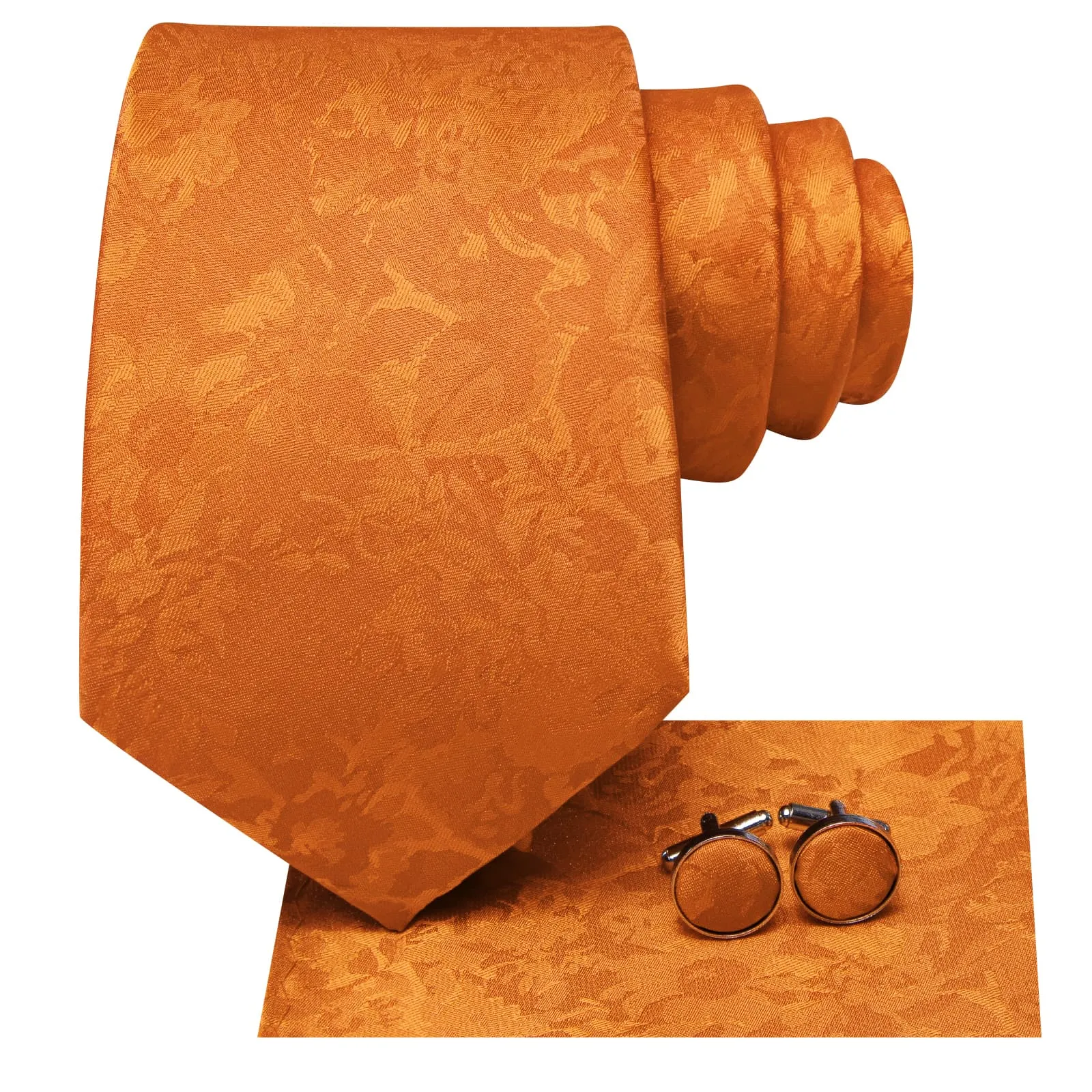 Hi-Tie Burnt Orange Floral Silk Mens Tie Handkerchief Cufflinks Set