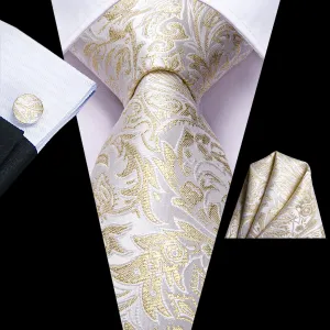 Hi-Tie Champagne White Floral Mens Necktie Pocket Square Cufflinks Set