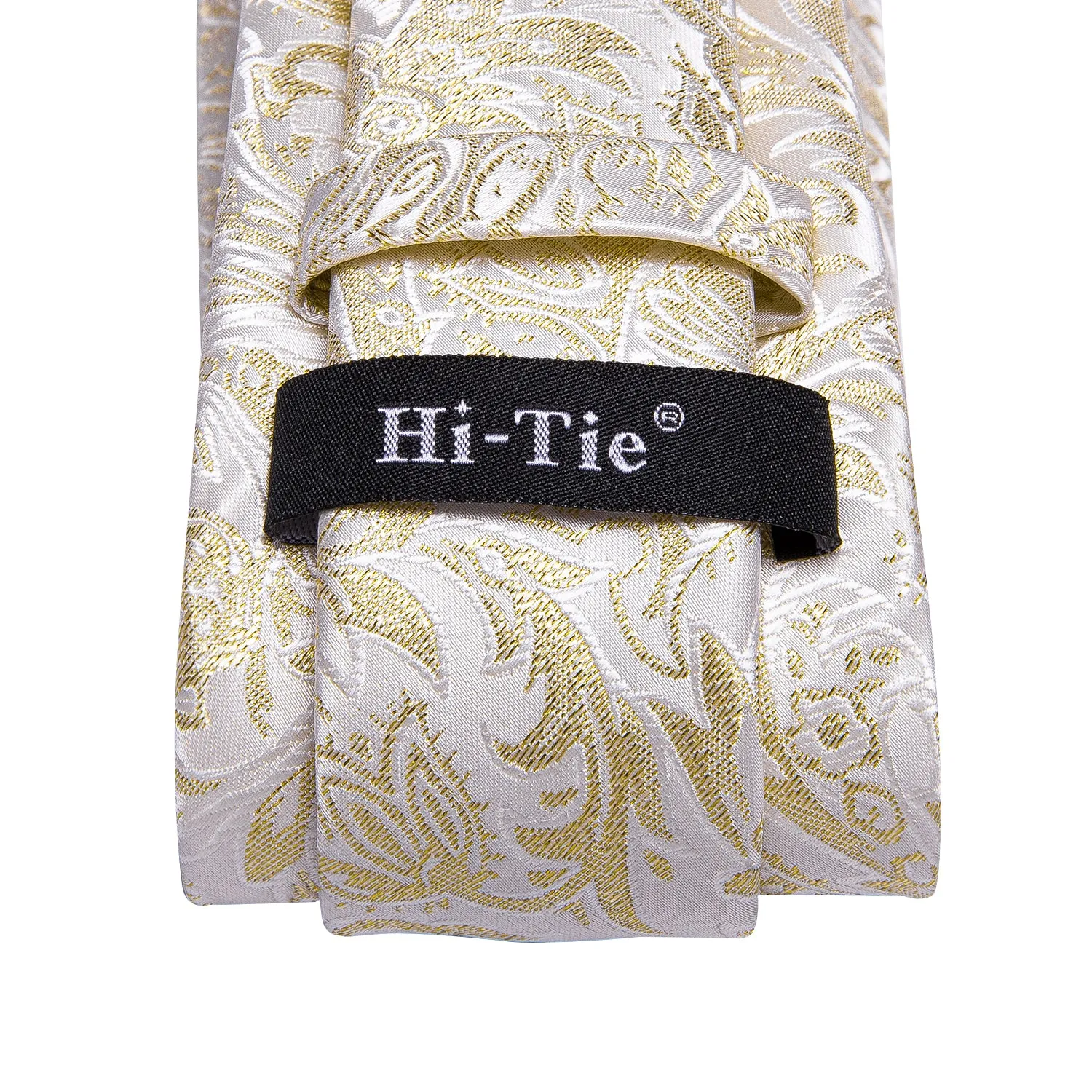 Hi-Tie Champagne White Floral Mens Necktie Pocket Square Cufflinks Set