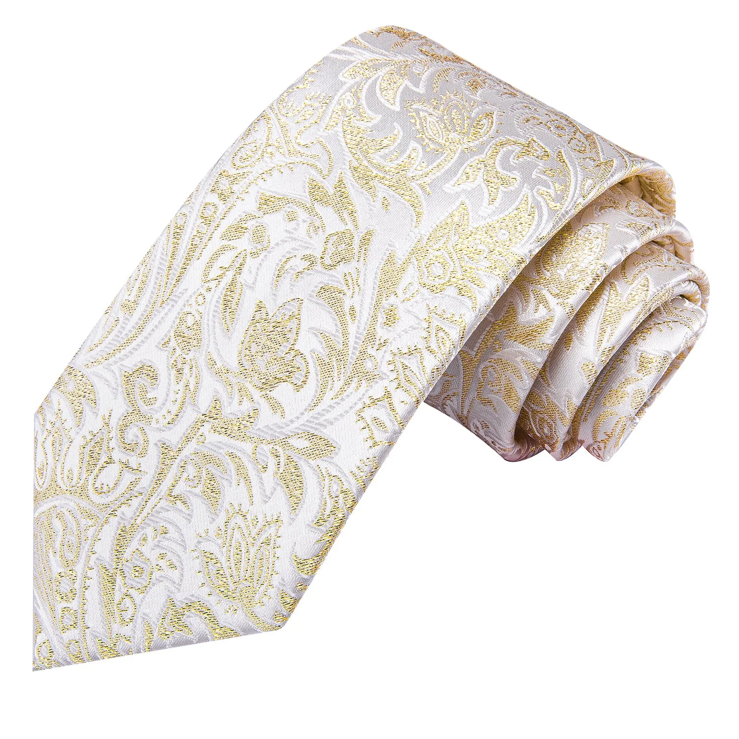 Hi-Tie Champagne White Floral Mens Necktie Pocket Square Cufflinks Set