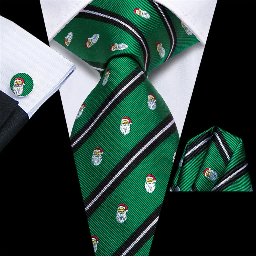 Hi-Tie Christmas Green Black Striped Snowman Tie Pocket Square Cufflinks Set