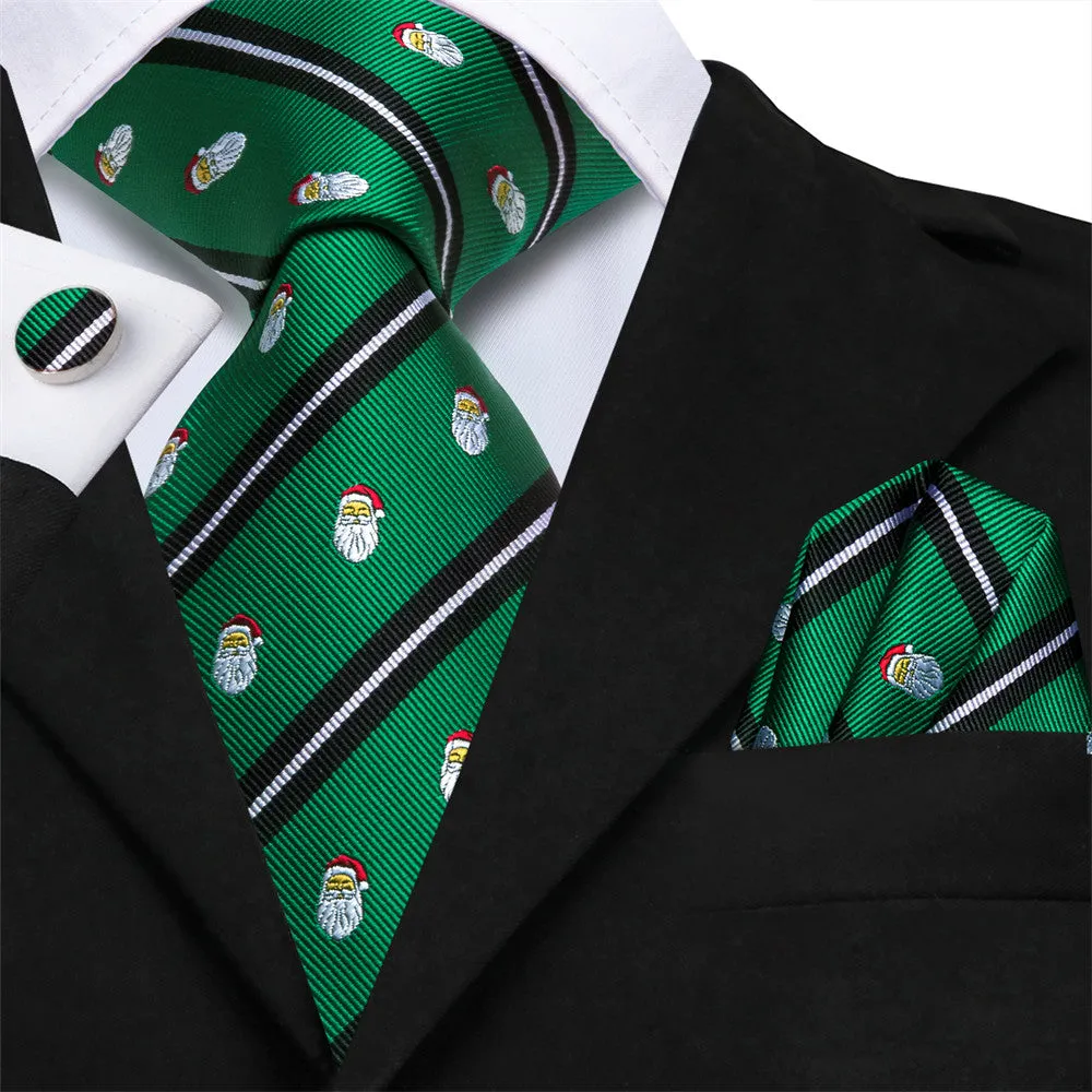 Hi-Tie Christmas Green Black Striped Snowman Tie Pocket Square Cufflinks Set