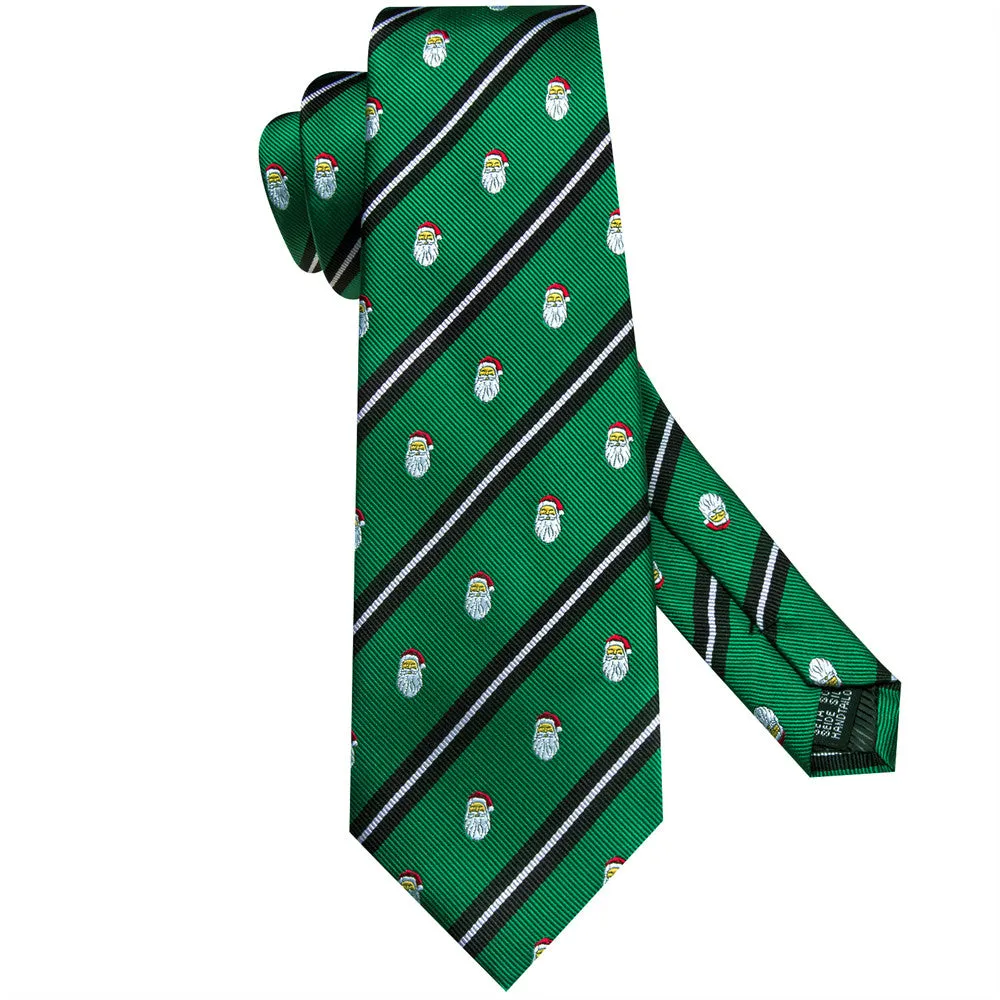 Hi-Tie Christmas Green Black Striped Snowman Tie Pocket Square Cufflinks Set