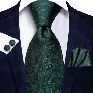 Hi-Tie Dark Green Floral Men's Wedding Tie Pocket Square Cufflinks Set