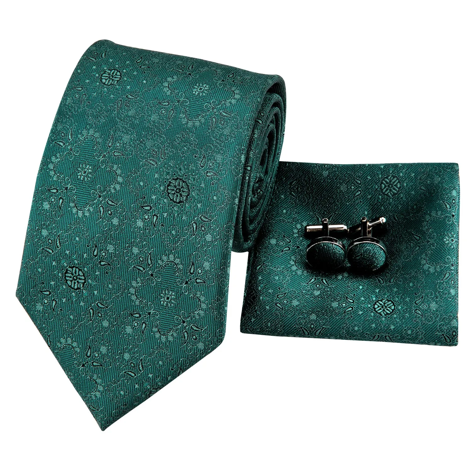 Hi-Tie Dark Green Floral Men's Wedding Tie Pocket Square Cufflinks Set