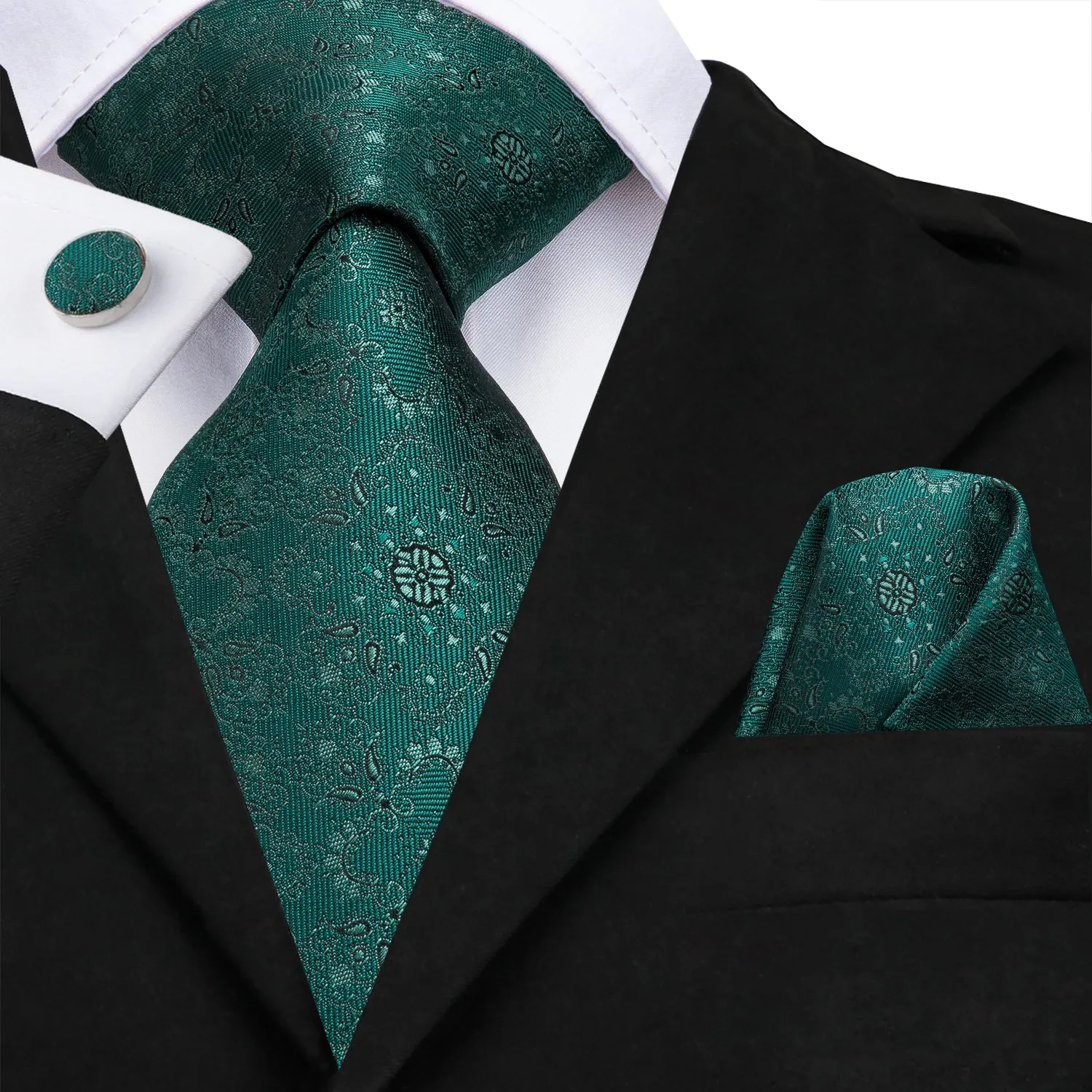 Hi-Tie Dark Green Floral Men's Wedding Tie Pocket Square Cufflinks Set