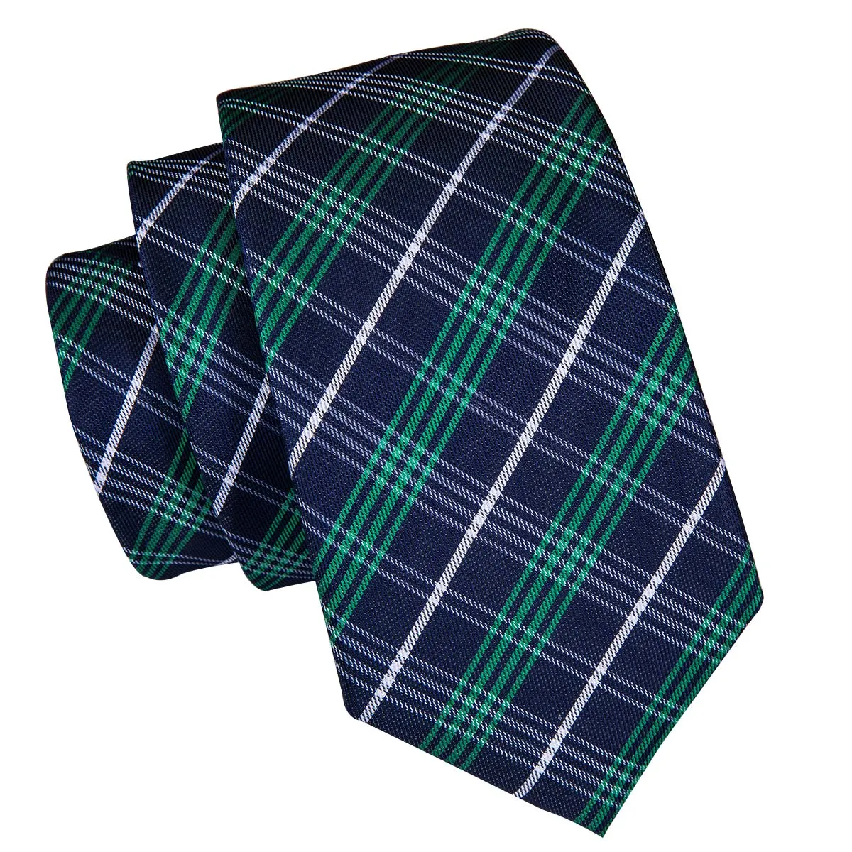 Hi-Tie Green Blue Plaid Men's Necktie Pocket Square Cufflinks Set