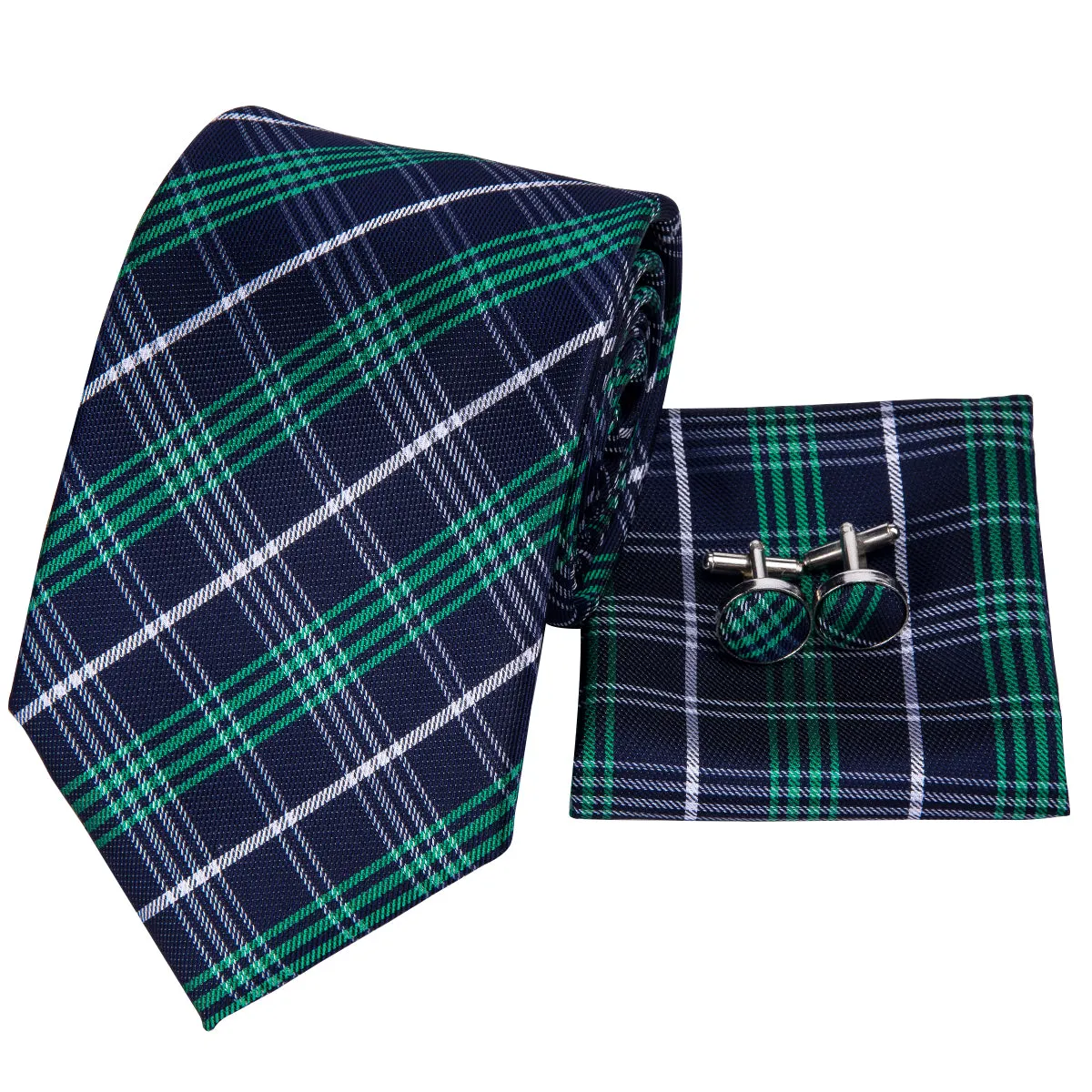 Hi-Tie Green Blue Plaid Men's Necktie Pocket Square Cufflinks Set