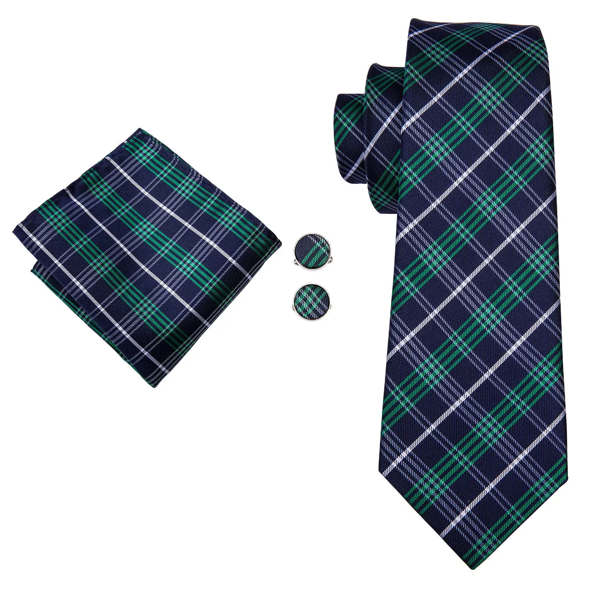 Hi-Tie Green Blue Plaid Men's Necktie Pocket Square Cufflinks Set