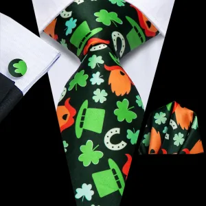 Hi-Tie Green Fun Novelty Green Hat Pattern Silk Mens Tie Handkerchief Cufflinks Set