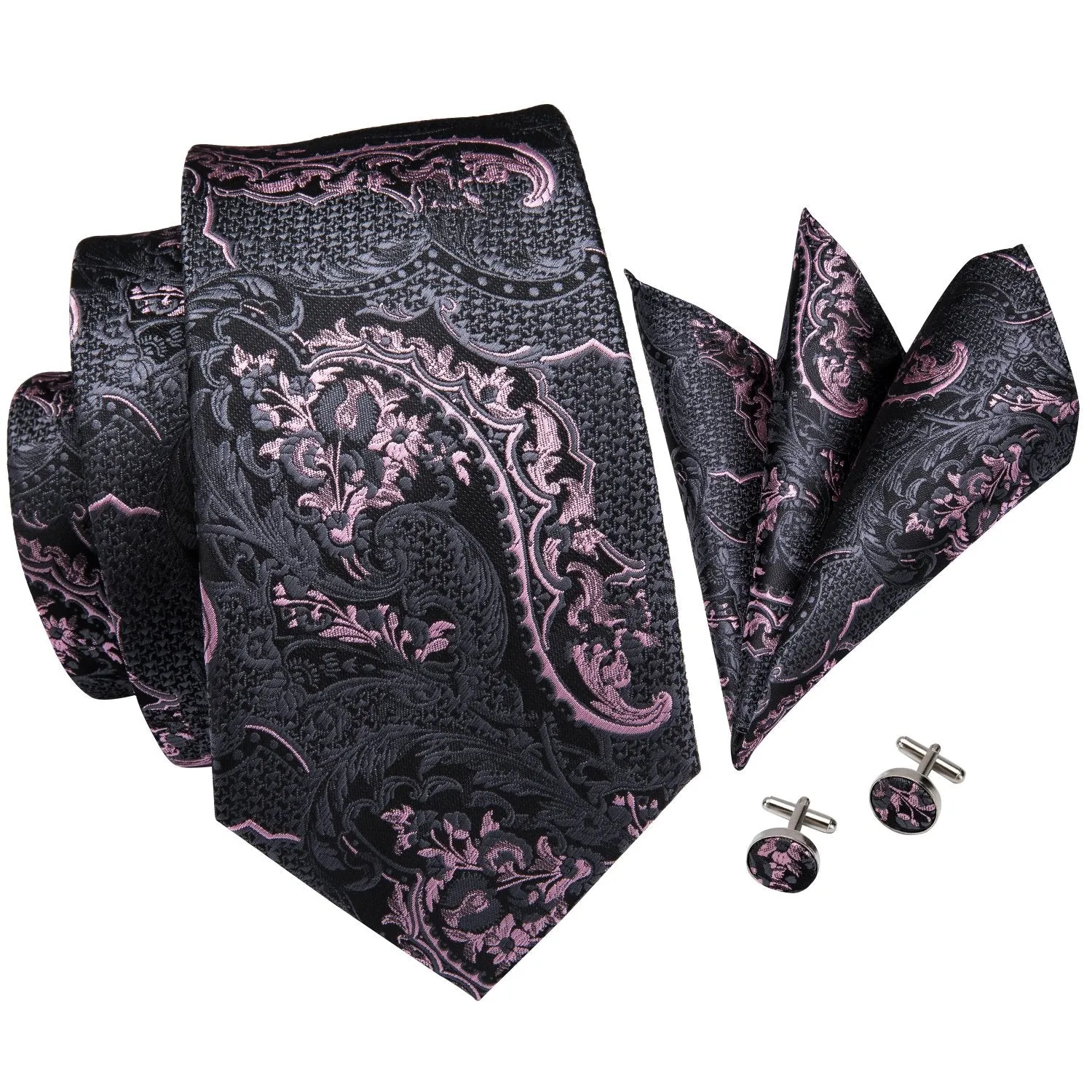 Hi-Tie Grey Mens Tie Pink Paisley Necktie Pocket Square Cufflinks Set